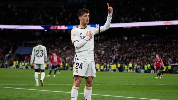 Arda Guler pictured celebrating after scoring his first goal for Real Madrid during a 4-0 win over Celta Vigo in March 2024